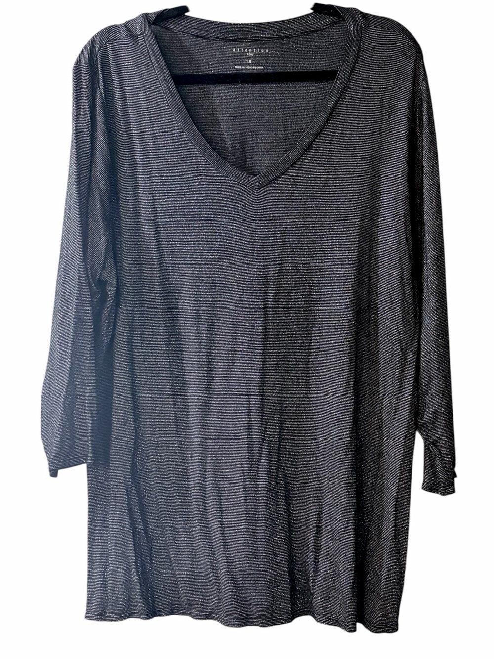 Plus Size Black Silver Metallic Stretch Knit Top 1X EUC